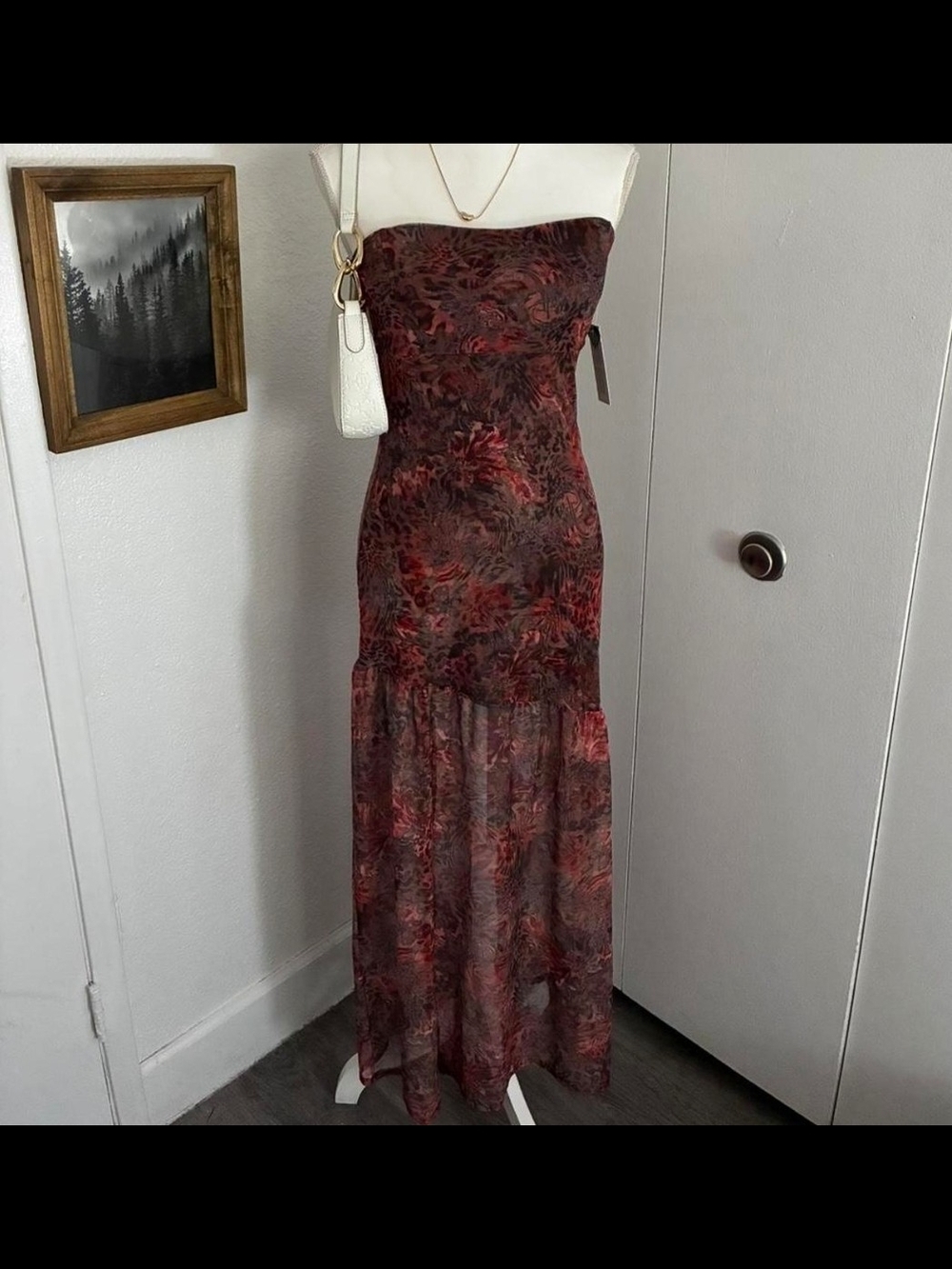 Derek Heart Strapless Red and Dark Brown Floral Maxi Dress